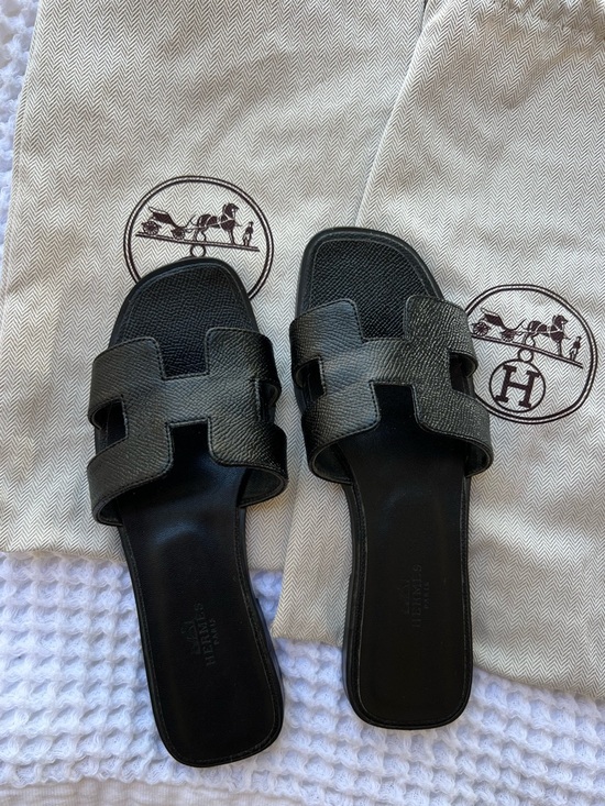 Hermes Shoes - Hermès Black Leather Slide Sandals with H-Cut Straps Size 5